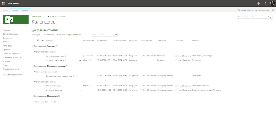 Управление перечнем взаимодействий в календарь проекта в MS Project Server