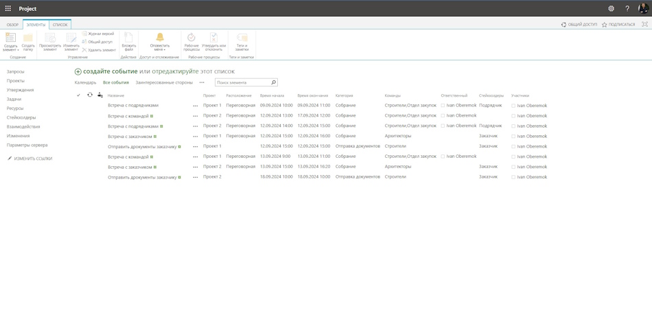 Управление перечнем взаимодействий в календарь проекта в MS Project Server