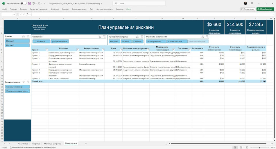 Формирование плана управления рисками портфеля проектов сервера MS Project Server в MS Excel