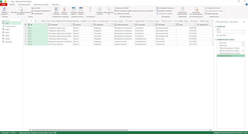 Настройка реестра запросов на изменения портфеля проектов сервера MS Project Server в MS Excel