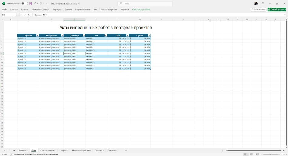 Акты выполненных работы проектов в MS Excel